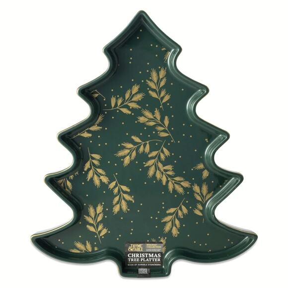 Thyme & Table Holiday Christmas Tree Ceramic Food Serve Tray Platter Green Gold - Picture 5 of 7